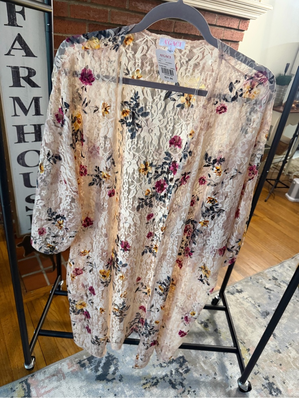 a'gaci Cream Lace Floral Kimono with Pink & Yellow Blooms